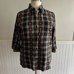 Womens Vtg Halloween Button Up Woven Cotton Orange Blk Plaid Jack O'Lantern 2X